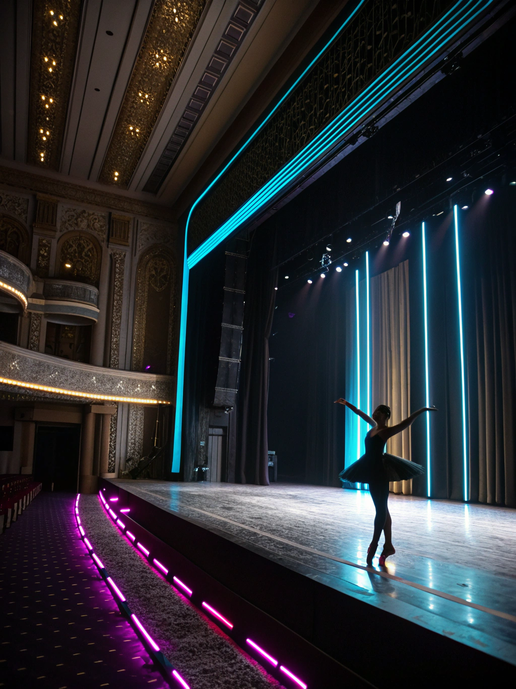 Artists rehearsing on a dramatically lit stage